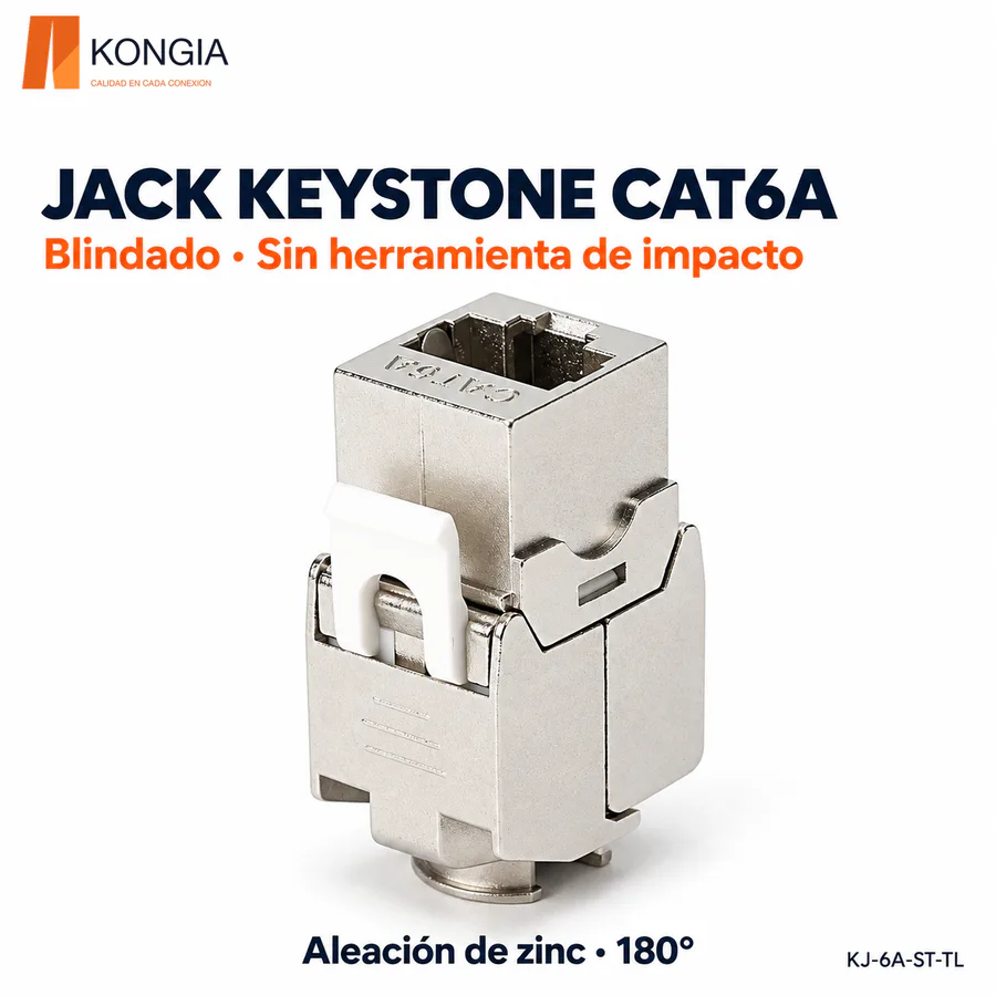 Jack Keystone Cat6A Blindado, Sin Herramienta de Impacto (Toolless) a 180°, Aleación de Zinc
