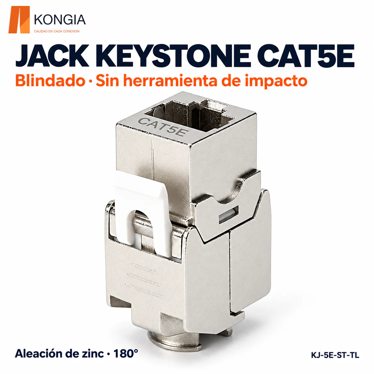 Jack Keystone Cat5e Blindado, Sin Herramienta de Impacto (Toolless) a 180°, Aleación de Zinc