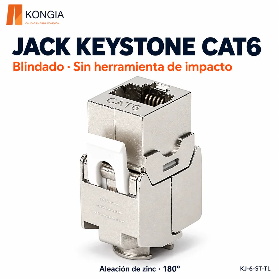 Jack Keystone Cat6 Blindado, Sin Herramienta de Impacto (Toolless) a 180°, Aleación de Zinc