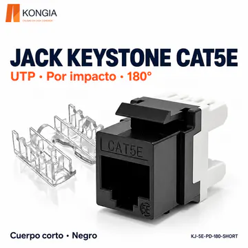KONGIA · Jack Keystone Cat5e Sin Blindaje (UTP), Por Impacto a 180°, Cuerpo Corto, 6 Colores · Negro · KJ-5E-PD-180-SHORT