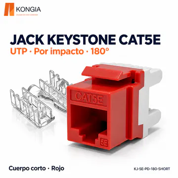 KONGIA · Jack Keystone Cat5e Sin Blindaje (UTP), Por Impacto a 180°, Cuerpo Corto, 6 Colores · Rojo · KJ-5E-PD-180-SHORT