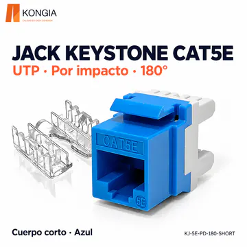 KONGIA · Jack Keystone Cat5e Sin Blindaje (UTP), Por Impacto a 180°, Cuerpo Corto, 6 Colores · Azul · KJ-5E-PD-180-SHORT