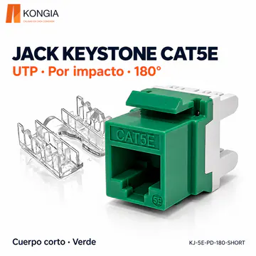 KONGIA · Jack Keystone Cat5e Sin Blindaje (UTP), Por Impacto a 180°, Cuerpo Corto, 6 Colores · Verde · KJ-5E-PD-180-SHORT