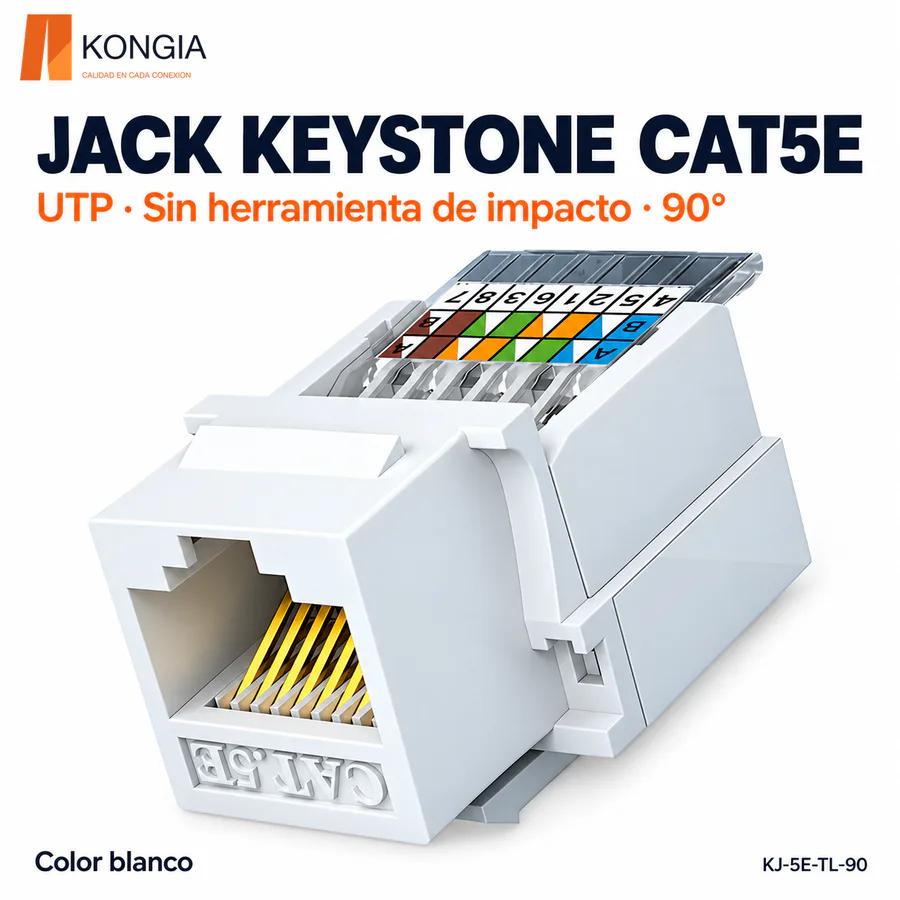 Jack Keystone Cat5e Sin Blindaje (UTP), Sin Herramienta de Impacto (Toolless) a 90°, Blanco