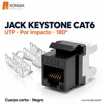 KONGIA · Jack Keystone Cat6 Sin Blindaje (UTP), Por Impacto a 180°, Cuerpo Corto, 6 Colores · Negro · KJ-6-PD-180-SHORT