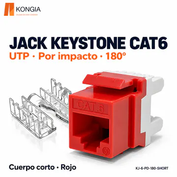 KONGIA · Jack Keystone Cat6 Sin Blindaje (UTP), Por Impacto a 180°, Cuerpo Corto, 6 Colores · Rojo · KJ-6-PD-180-SHORT