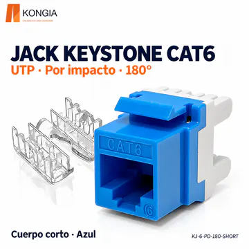 KONGIA · Jack Keystone Cat6 Sin Blindaje (UTP), Por Impacto a 180°, Cuerpo Corto, 6 Colores · Azul · KJ-6-PD-180-SHORT