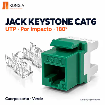 KONGIA · Jack Keystone Cat6 Sin Blindaje (UTP), Por Impacto a 180°, Cuerpo Corto, 6 Colores · Verde · KJ-6-PD-180-SHORT