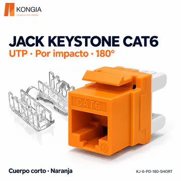 KONGIA · Jack Keystone Cat6 Sin Blindaje (UTP), Por Impacto a 180°, Cuerpo Corto, 6 Colores · Naranja · KJ-6-PD-180-SHORT