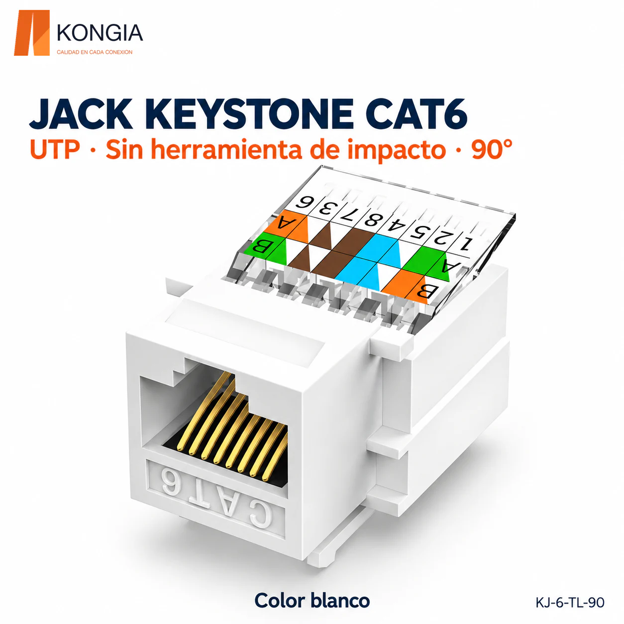 Jack Keystone Cat6 Sin Blindaje (UTP), Sin Herramienta de Impacto (Toolless) a 90°, Blanco