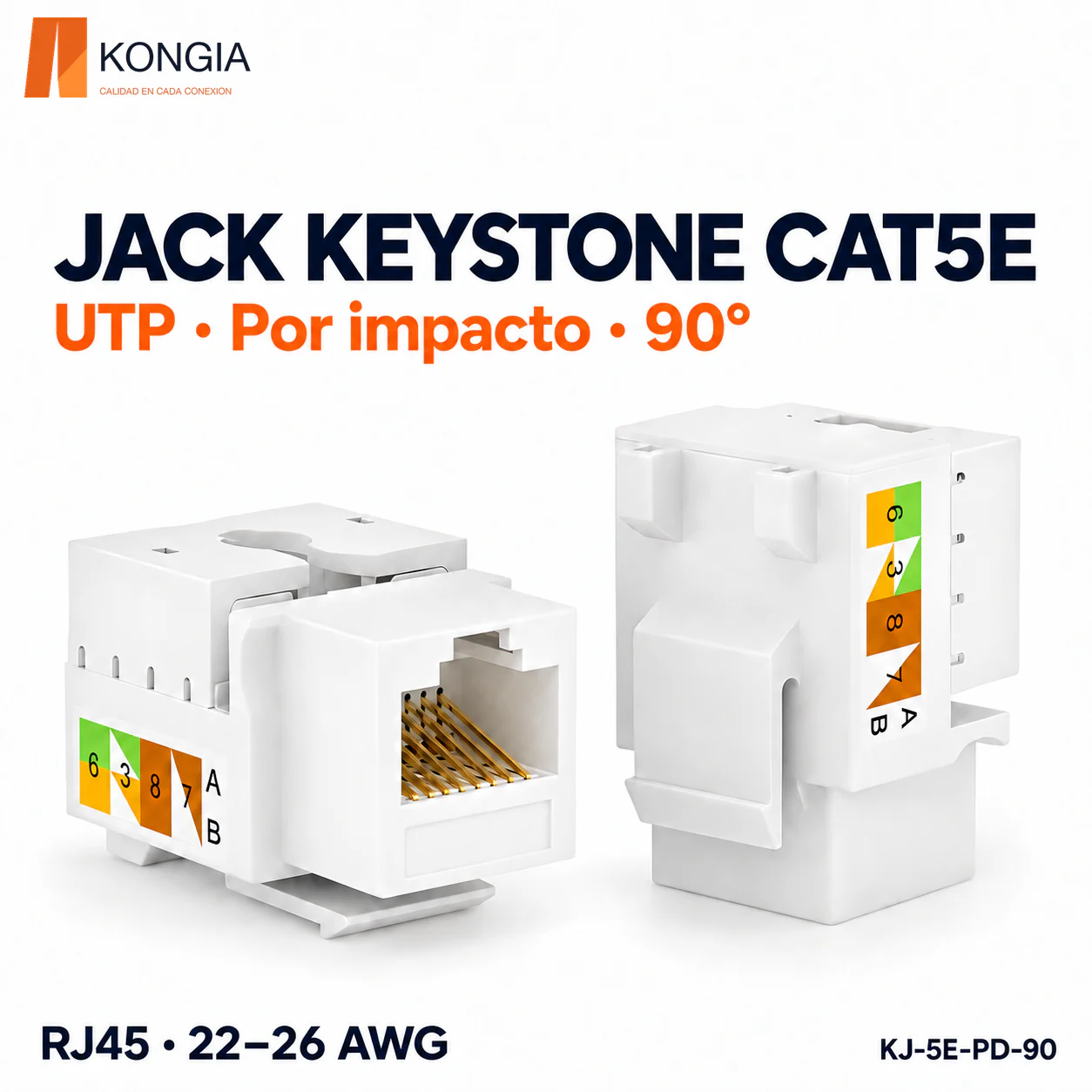 Jack Keystone Cat5e Sin Blindaje (UTP), Por Impacto a 90°, RJ45, 22–26 AWG