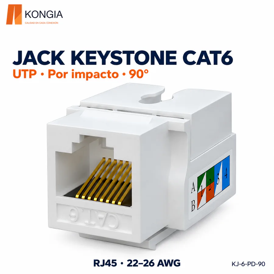 Jack Keystone Cat6 Sin Blindaje (UTP), Por Impacto a 90°, RJ45, 22–26 AWG