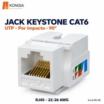 KONGIA · Jack Keystone Cat6 Sin Blindaje (UTP), Por Impacto a 90°, RJ45, 22–26 AWG · KJ-6-PD-90