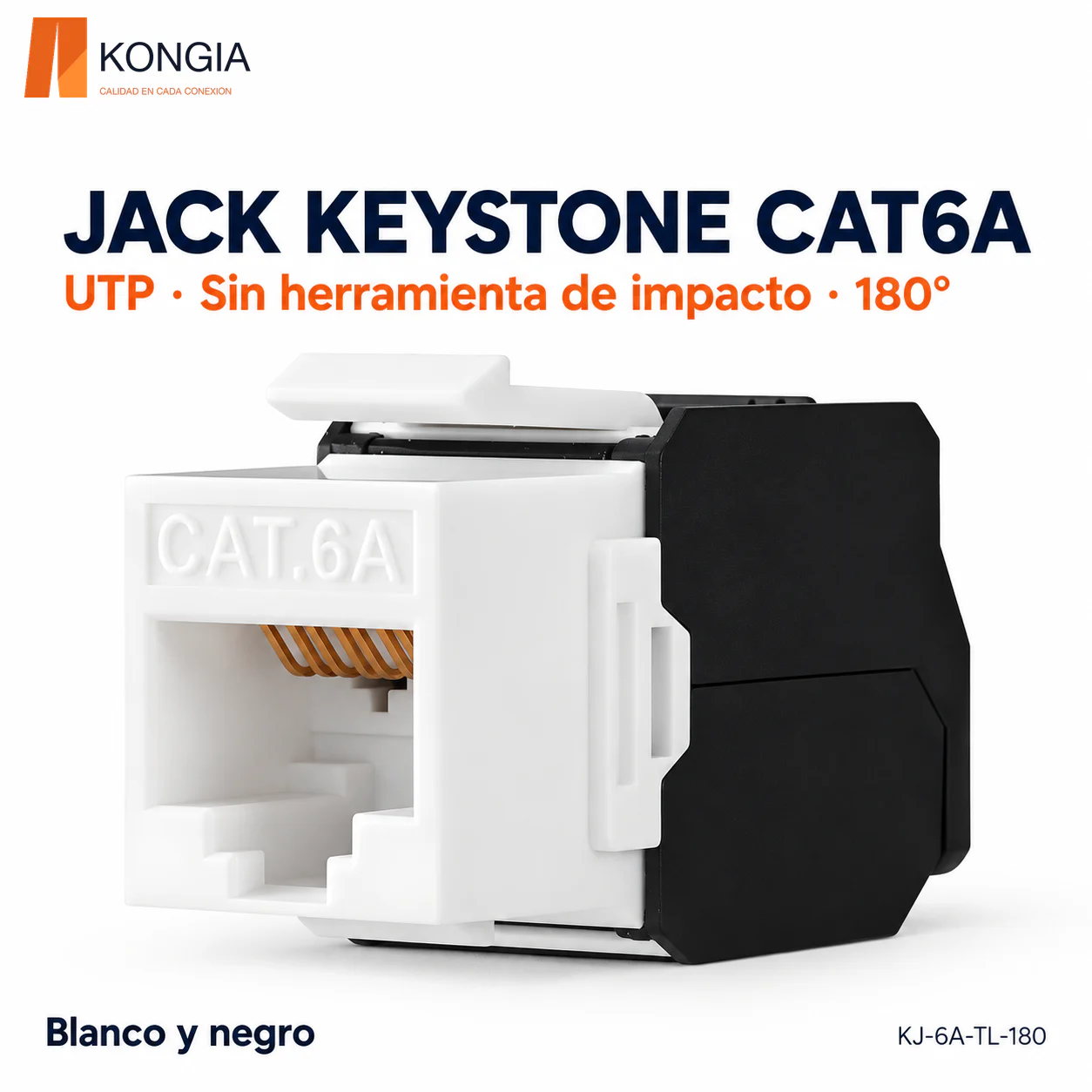 Jack Keystone Cat6A Sin Blindaje (UTP), Sin Herramienta de Impacto (Toolless) a 180°, Blanco y Negro