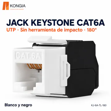 KONGIA · Jack Keystone Cat6A Sin Blindaje (UTP), Sin Herramienta de Impacto (Toolless) a 180°, Blanco y Negro · KJ-6A-TL-180