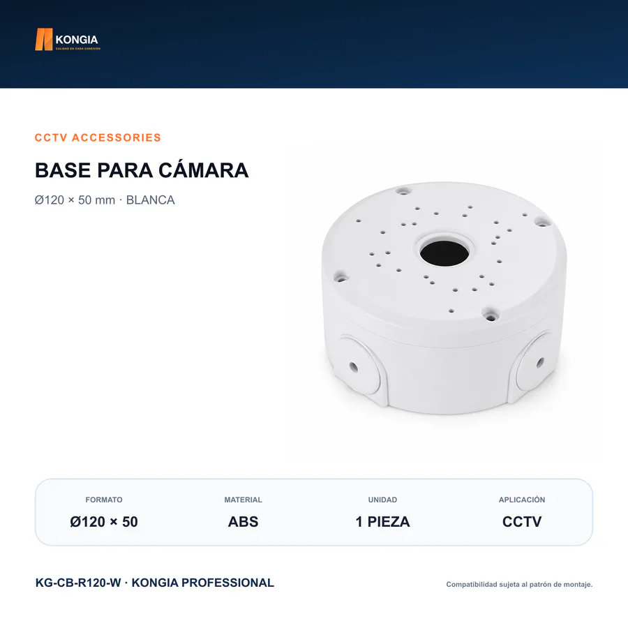 Caja Base para Cámara CCTV, Ø120 × 50 mm, ABS Blanca
