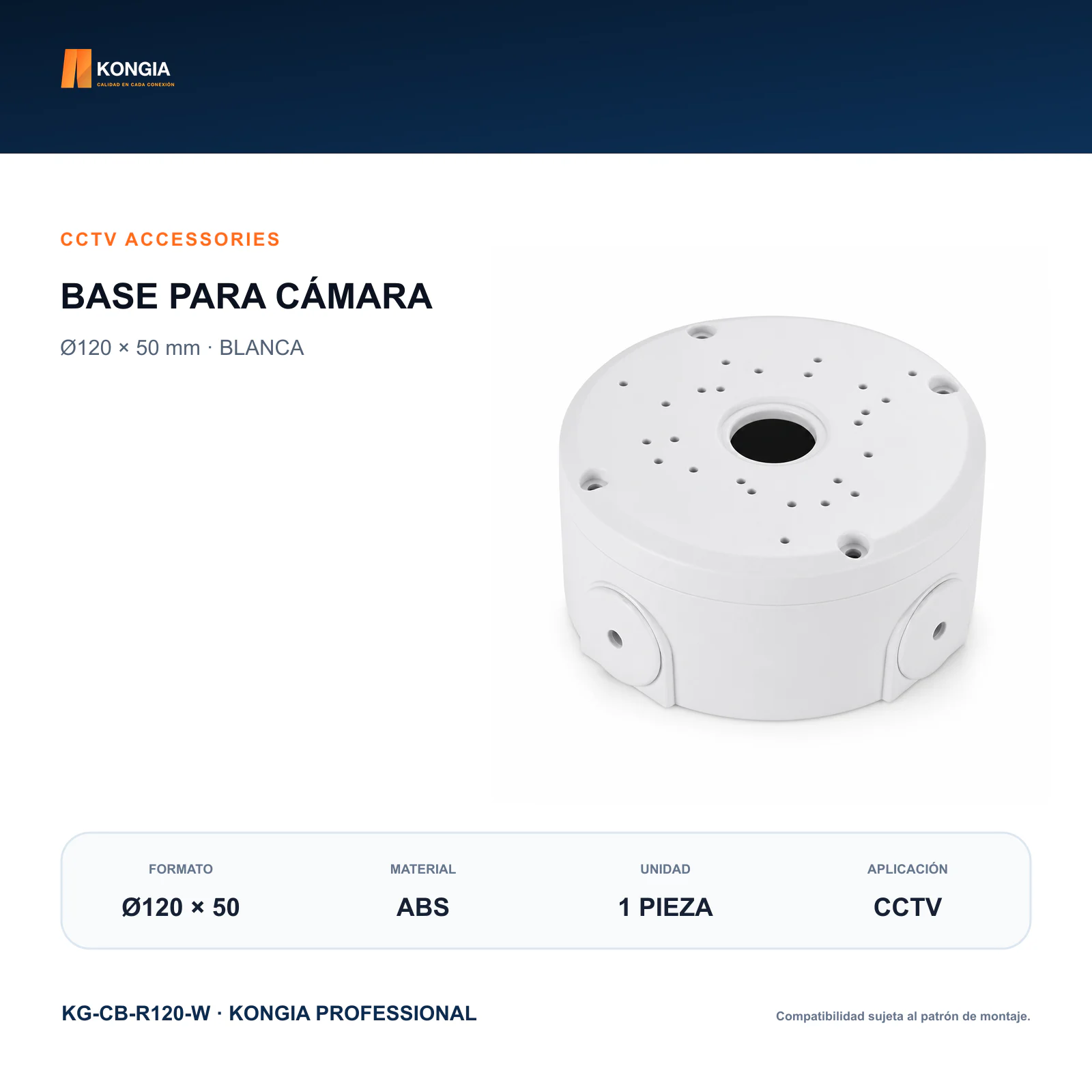 Caja Base para Cámara CCTV, Ø120 × 50 mm, ABS Blanca