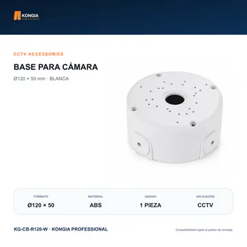 Vista principal del modelo — Caja Base para Cámara CCTV, Ø120 × 50 mm, ABS Blanca — KG-CB-R120-W