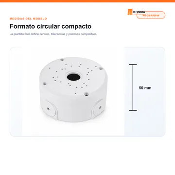 Dimensiones y arquitectura de entradas — Caja Base para Cámara CCTV, Ø120 × 50 mm, ABS Blanca — KG-CB-R120-W