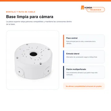 Construcción y componentes de la envolvente — Caja Base para Cámara CCTV, Ø120 × 50 mm, ABS Blanca — KG-CB-R120-W