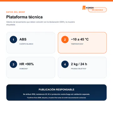 Plataforma técnica y condiciones ambientales — Caja Base para Cámara CCTV, Ø120 × 50 mm, ABS Blanca — KG-CB-R120-W