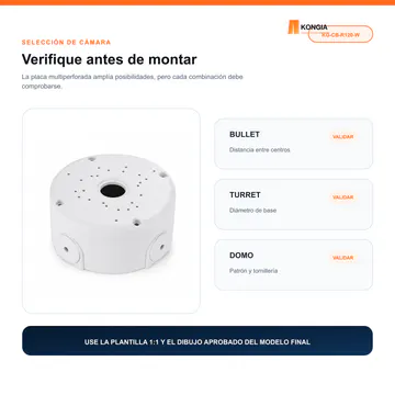 Selección de tamaño o compatibilidad — Caja Base para Cámara CCTV, Ø120 × 50 mm, ABS Blanca — KG-CB-R120-W