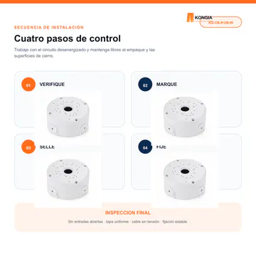 Secuencia de instalación recomendada — Caja Base para Cámara CCTV, Ø120 × 50 mm, ABS Blanca — KG-CB-R120-W