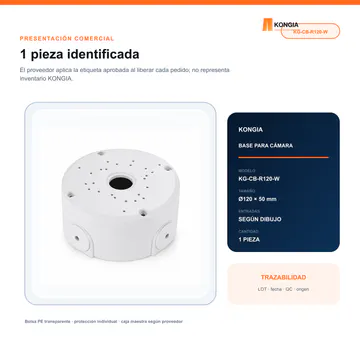 Presentación comercial y etiquetado KONGIA — Caja Base para Cámara CCTV, Ø120 × 50 mm, ABS Blanca — KG-CB-R120-W