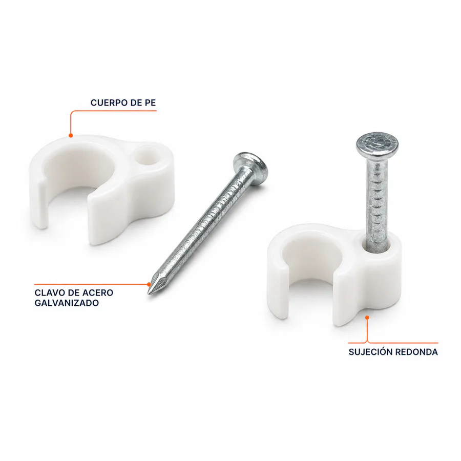 Clips Redondos para Cable con Clavo, 8 mm, 100 Piezas