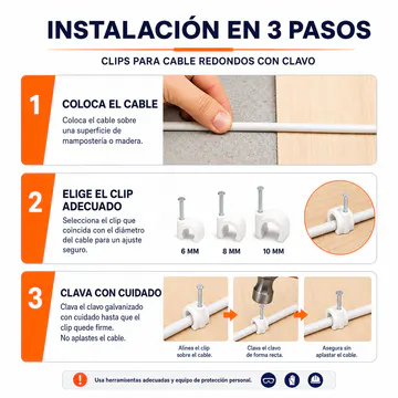 Guía de instalación en tres pasos — Clips Redondos para Cable con Clavo, 8 mm, 100 Piezas — KG-CC-R-08