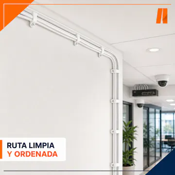 Ruta de cable visible y ordenada en un entorno comercial — Clips Redondos para Cable con Clavo, 8 mm, 100 Piezas — KG-CC-R-08