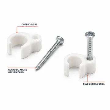 Detalle del cuerpo de PE y clavo de acero galvanizado — Clips Redondos para Cable con Clavo, 10 mm, 100 Piezas — KG-CC-R-10