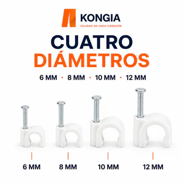 Comparación de diámetros nominales de 6, 8, 10 y 12 mm — Clips Redondos para Cable con Clavo, 12 mm, 100 Piezas — KG-CC-R-12