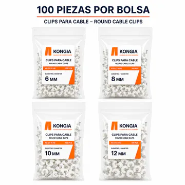 Presentación de los cuatro diámetros en bolsa de 100 piezas — Clips Redondos para Cable con Clavo, 12 mm, 100 Piezas — KG-CC-R-12