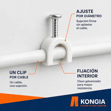 Detalle de un clip instalado sobre un cable individual — Clips Redondos para Cable con Clavo, 12 mm, 100 Piezas — KG-CC-R-12