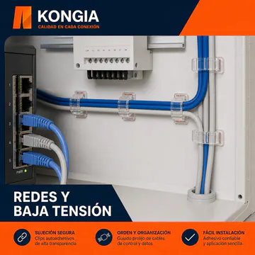 Aplicación en redes y baja tensión — Clips Autoadhesivos para Cable, Tamaño Mediano, 100 Piezas — KG-CM-AC-M100