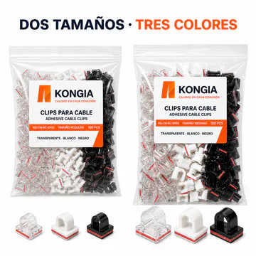 Presentación de ambos tamaños y tres colores — Clips Autoadhesivos para Cable, Tamaño Mediano, 100 Piezas — KG-CM-AC-M100
