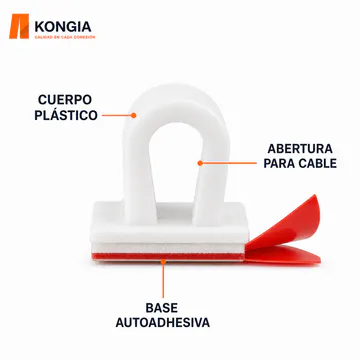 Detalle del cuerpo plástico, abertura y base autoadhesiva — Clips Autoadhesivos para Cable, Tamaño Pequeño, 100 Piezas — KG-CM-AC-S100