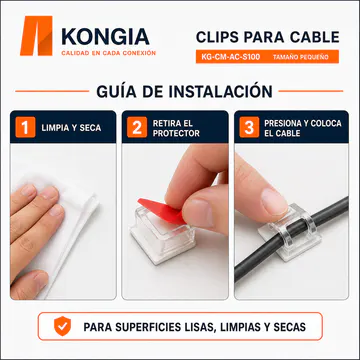 Preparación de superficie e instalación autoadhesiva — Clips Autoadhesivos para Cable, Tamaño Pequeño, 100 Piezas — KG-CM-AC-S100