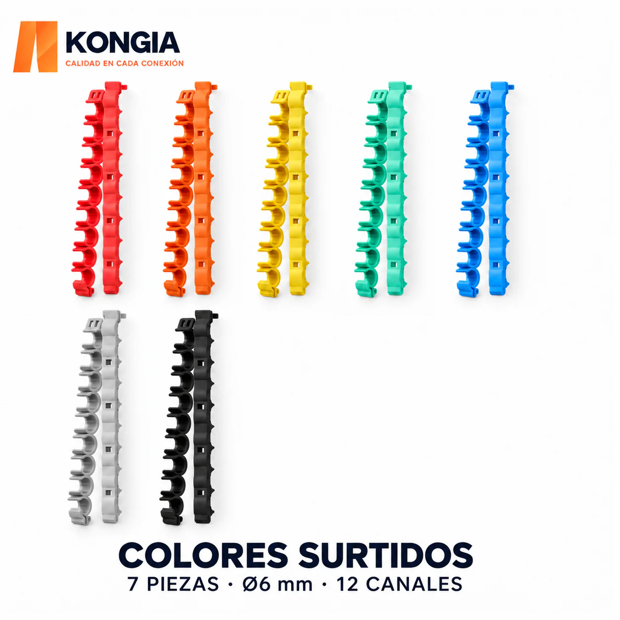 Peine Organizador de Cables con Apertura, 12 Canales Ø6 mm — Bolsa de 7 Piezas Multicolor