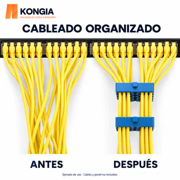 Antes y después de organizar cables de red con peines KONGIA; ejemplo ilustrativo