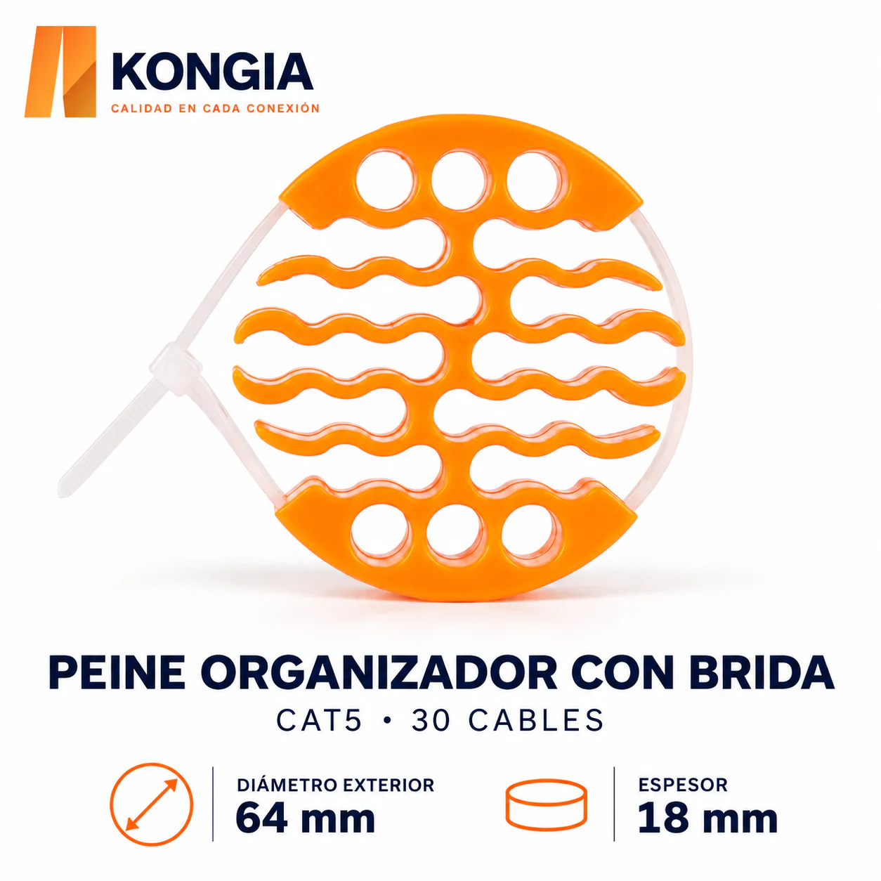 Peine Organizador de 30 Cables con Brida, CAT5 — Ø Exterior 64 mm, 1 Pieza