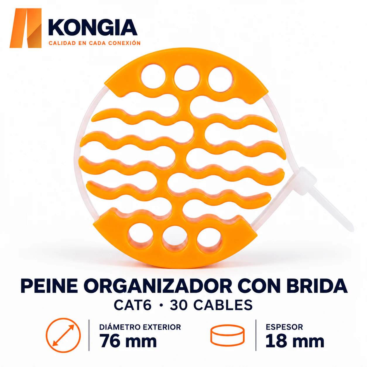 Peine Organizador de 30 Cables con Brida, CAT6 — Ø Exterior 76 mm, 1 Pieza