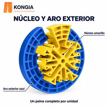 Componentes del peine: núcleo amarillo y aro exterior azul