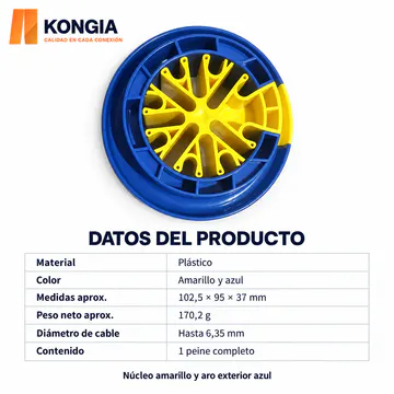 Datos del peine circular: 102,5 × 95 × 37 mm, 170,2 g netos, cables hasta 6,35 mm