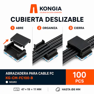 Secuencia de apertura, organización y cierre de la cubierta — Abrazadera FC Autoadhesiva con Cubierta Deslizable, Negra, 100 Piezas — KG-CM-FC100-B