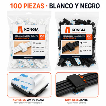 Presentación blanca y negra en bolsa de 100 piezas — Abrazadera FC Autoadhesiva con Cubierta Deslizable, Negra, 100 Piezas — KG-CM-FC100-B