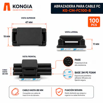 Dimensiones 47 por 19 por 11 mm y cable hasta 8 mm — Abrazadera FC Autoadhesiva con Cubierta Deslizable, Blanca, 100 Piezas — KG-CM-FC100-W