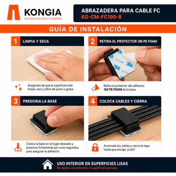 Guía de instalación con base 3M PE foam — Abrazadera FC Autoadhesiva con Cubierta Deslizable, Blanca, 100 Piezas — KG-CM-FC100-W