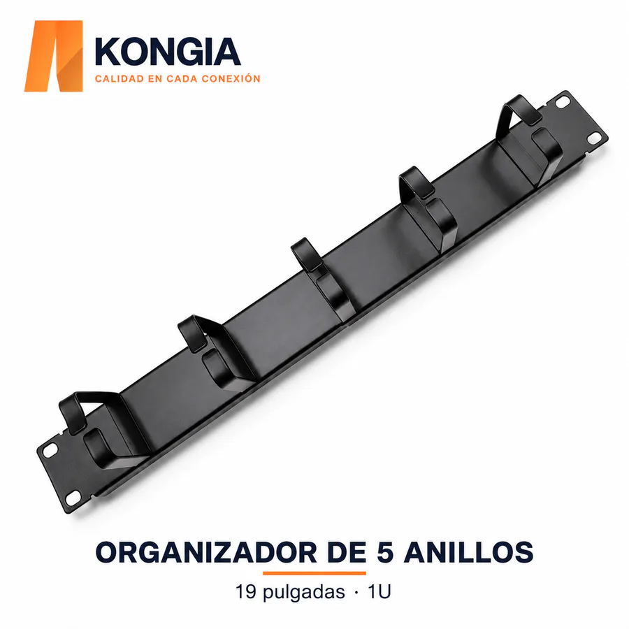 Organizador de Cables con 5 Anillos Metálicos de 65 mm, 19 pulgadas, 1U